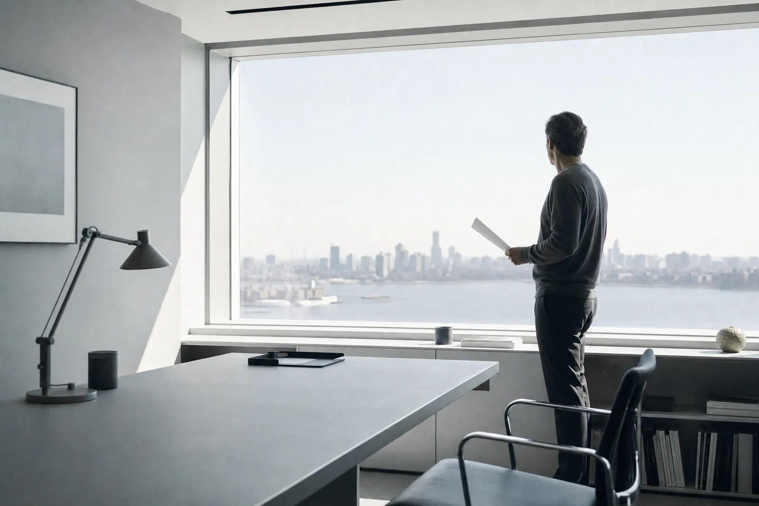 The same person standing calmly at a window in clean morning daylight, holding a single printed page in an ordered room